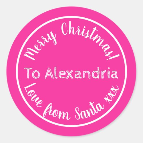 Christmas Love From Santa Personalized Hot Pink Classic Round Sticker