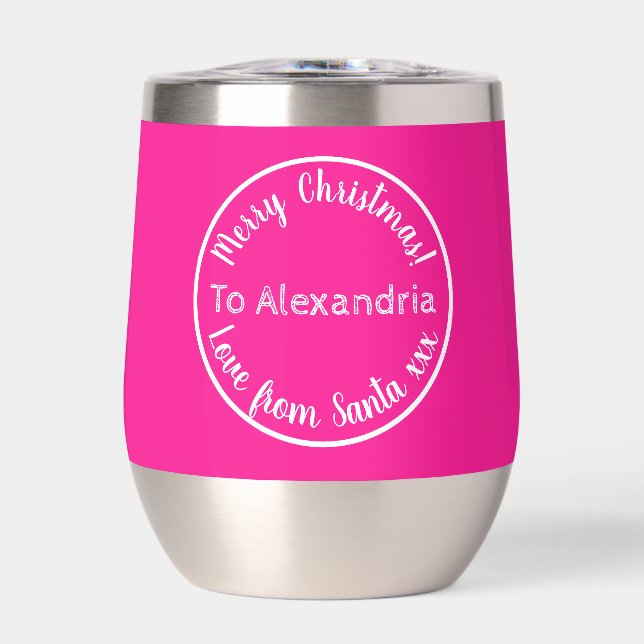 Christmas Love From Santa Personalized Hot Pink Thermal Wine Tumbler (Front)