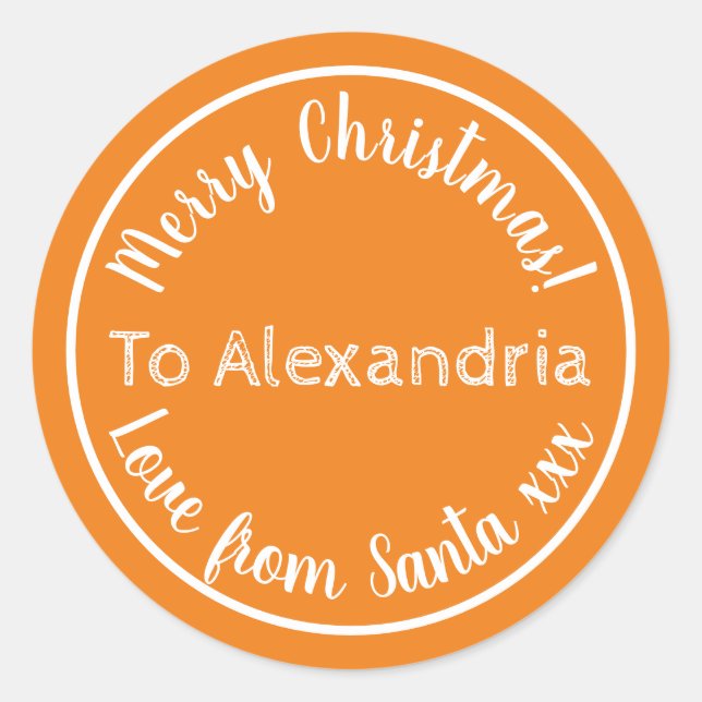 Christmas Love From Santa Personalized Orange Classic Round Sticker (Front)