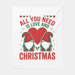 Christmas Love Heart Santa Gnome Design Fleece Blanket
