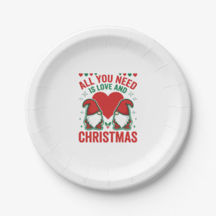 Christmas Love Heart Santa Gnome Design Paper Plates