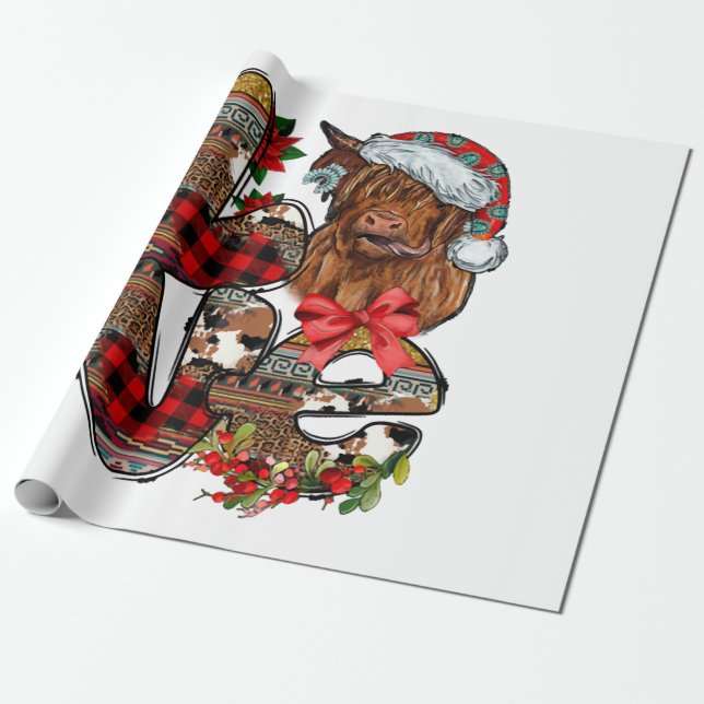 Christmas Love Highland Cow Wrapping Paper (Unrolled)