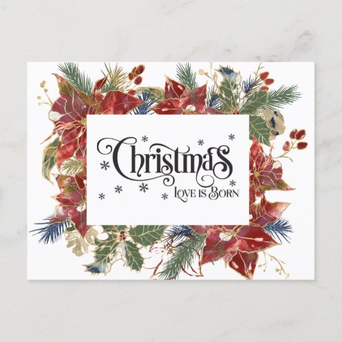 Christmas Love is Born Elegant Red Floral Holiday Postcard