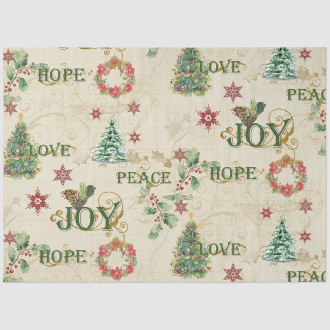 Christmas Love Joy Peace Hope Watercolor Decoupage Tissue Paper (Front)