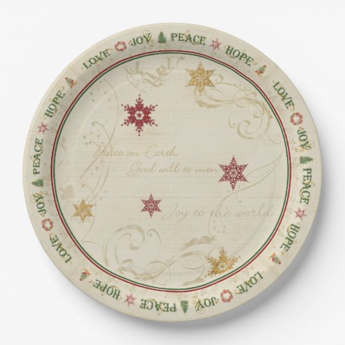 Christmas Love Joy Peace Typography Gold Snowflake Paper Plates