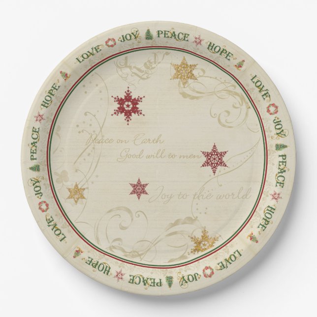 Christmas Love Joy Peace Typography Gold Snowflake Paper Plates (Front)