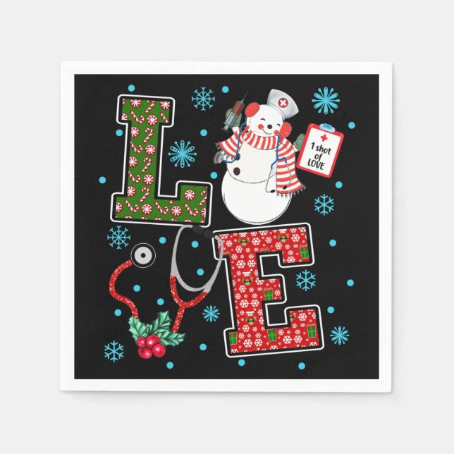Christmas Love Nurse Cute Medical Snowman Holly Napkins (Front)