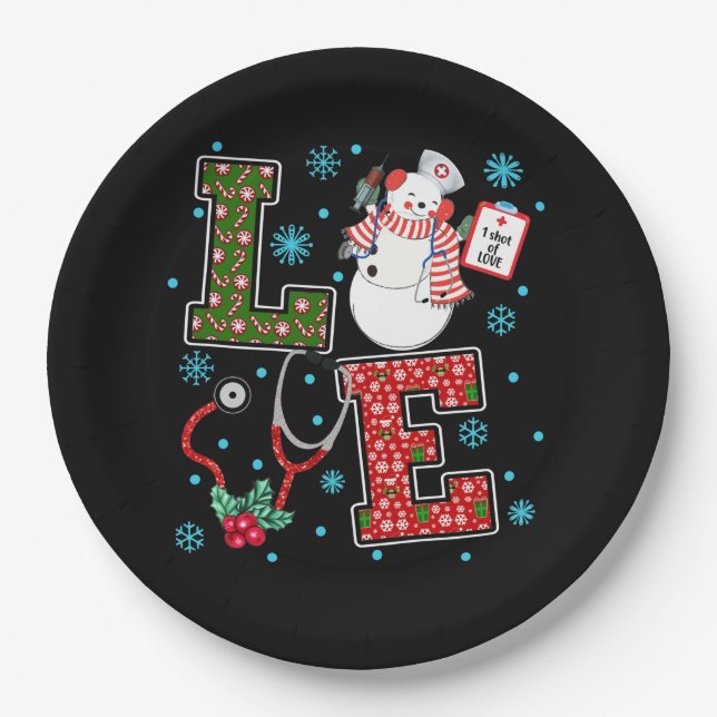 Christmas Love Nurse Cute Medical Snowman Holly Paper Plates (Front)