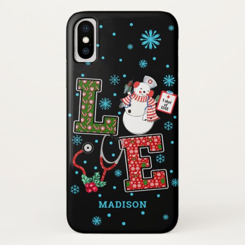 Christmas Love Nurse Cute Medical Snowman Name iPhone X Case