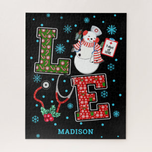 Christmas Love Nurse Cute Medical Snowman Name Jigsaw Puzzle