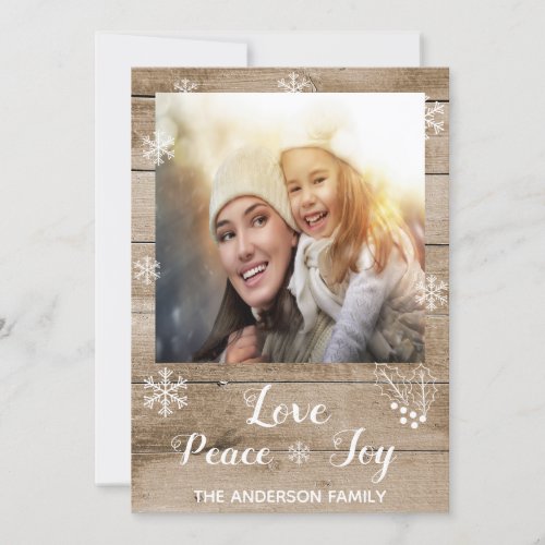 Christmas love peace joy rustic wood photo card