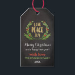 CHRISTMAS LOVE PEACE JOY WREATH GIFT TAG<br><div class="desc">Personalized christmas holiday gift tags with a black chalkboard background,  a festive green wreath,  the words love peace and joy in a gold glitter print and your own personal message. This design comes as a christmas set which you will find at www.zazzle.co.uk/special_stationery</div>