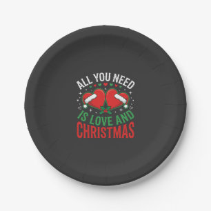 Christmas Love Santa Hat Typography Paper Plates