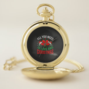 Christmas Love Santa Hat Typography Pocket Watch