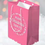 Christmas Love Santa Personalized Name Pink Medium Gift Bag<br><div class="desc">Create your own 'Love,  Santa' gift bag with this fun and festive design! A stylish template,  personalized with the recipient's name and featuring an illustrated border with snowflakes,  holly,  Christmas stockings and stars. An unique way of presenting a gift to someone special! Colors: pink and white.</div>