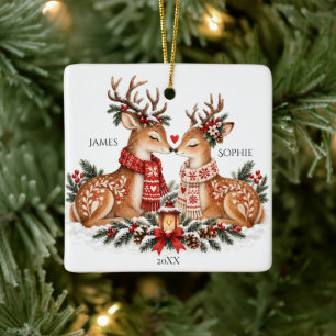 Christmas Love Scandinavian Reindeer Couple Ceramic Ornament