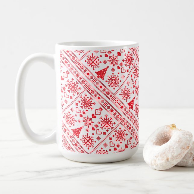 Christmas Lover Cross Pattern Sampler Design Coffee Mug (With Donut)