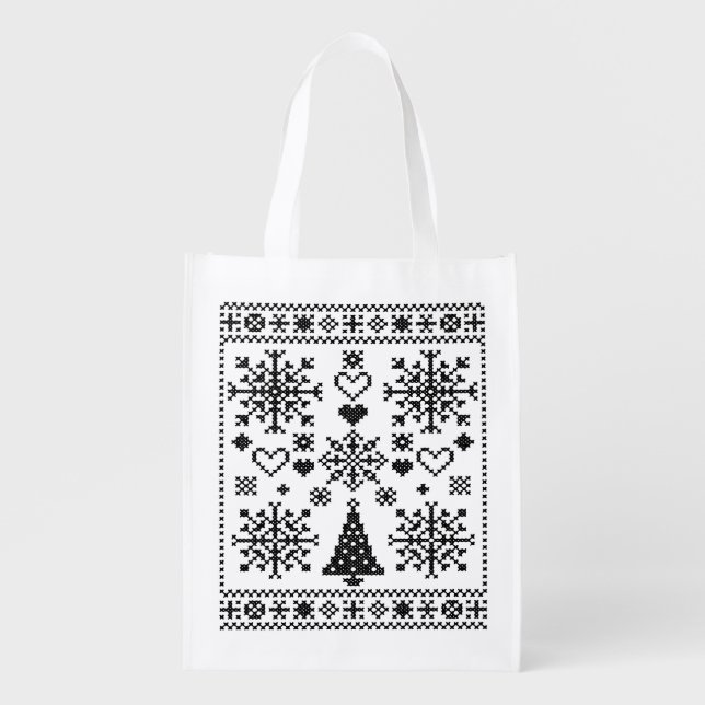 Christmas Lover Cross Pattern Sampler Design Grocery Bag (Front)