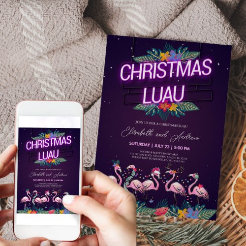 Christmas Luau Neon Flamingo Invitation Card