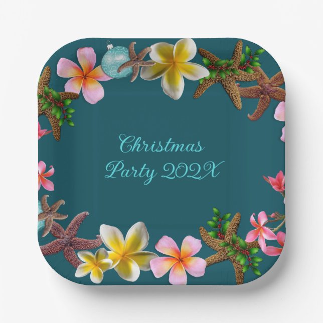 Christmas Luau Starfish Hawaiian Flowers Paper Plates (Front)
