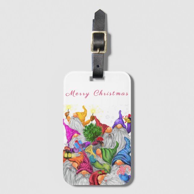 Christmas Luggage Tag Happy Gnomes Party (Front Vertical)
