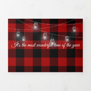 Christmas Lumberjack Plaid with light string Tri-Fold Holiday Card