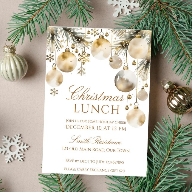 Christmas lunch party snowy boho watercolor  invitation (Boho Christmas lunch party template invitation gold snowy baubles snowflakes winter wonderland)