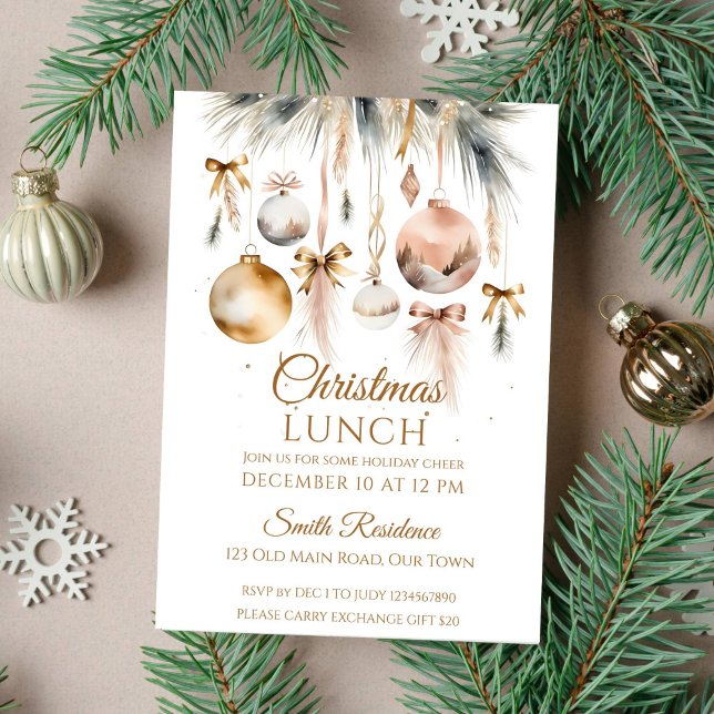 Christmas lunch party snowy boho watercolor  invitation (Boho Christmas lunch template invitation instant download snowy fir trees gold brown baubles bows)