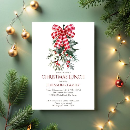 Christmas lunch red bow pines invitation