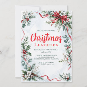 Christmas Luncheon Red Bow Watercolor Greenery Invitation