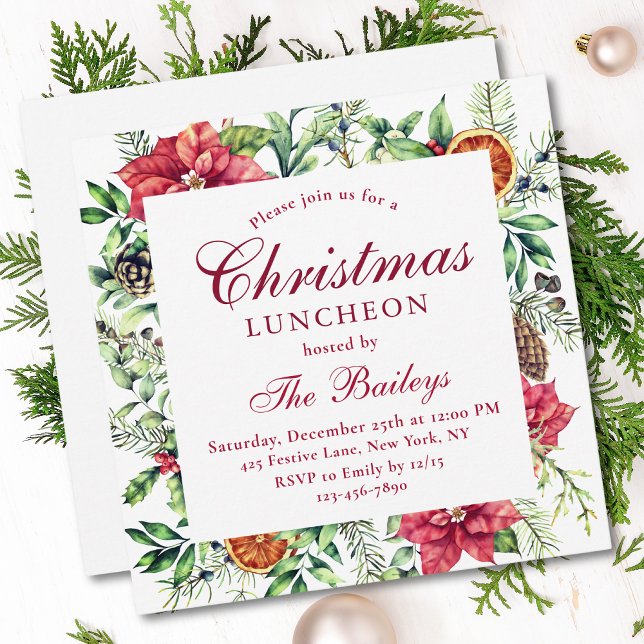 Christmas Luncheon Watercolor Holiday Floral Invitation (Creator Uploaded)