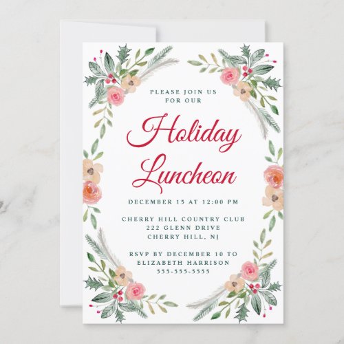 Christmas Luncheon Winter Floral Watercolor Invitation