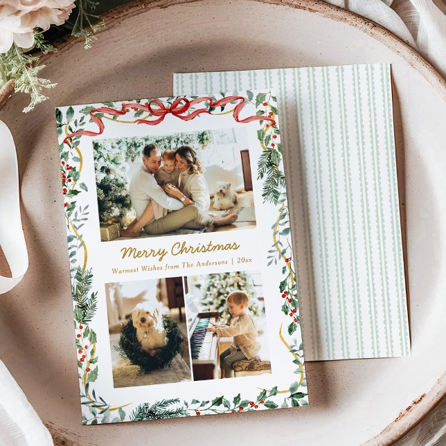 Christmas Lush Winter Greenery & Red Bow 3 Photo Holiday Card (Creator Uploaded)