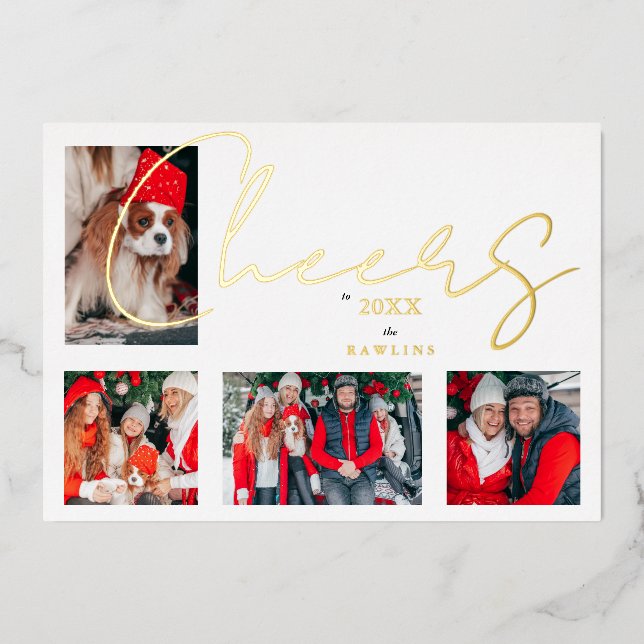 Christmas Luxury Minimalist 4 Photos Family  Foil Holiday Card (Front)