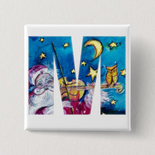 CHRISTMAS M LETTER / INSPIRED SANTA MONOGRAM PINBACK BUTTON (Front)