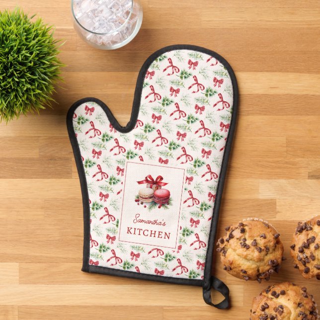 Christmas Macaroons Red Bow Greenery Pattern Oven Mitt (Top down)