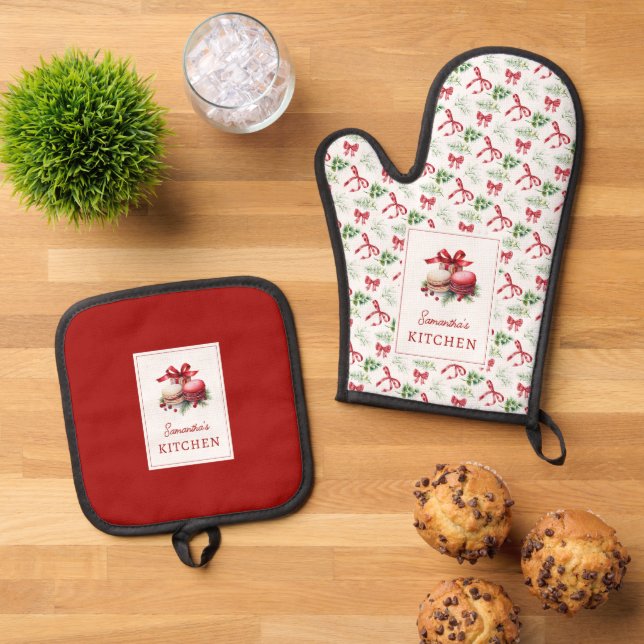 Christmas Macaroons Red Bow Greenery Pattern Oven Mitt & Pot Holder Set (Top Down)