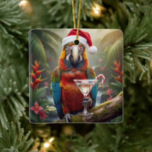 Christmas Macaw Parrot With Martini Cocktail Ceramic Ornament