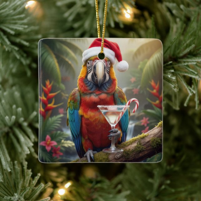 Christmas Macaw Parrot With Martini Cocktail Ceramic Ornament (Tree)