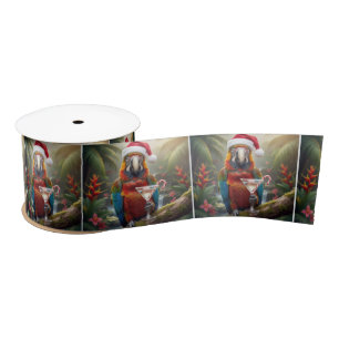 Christmas Macaw Parrot With Martini Cocktail Satin Ribbon