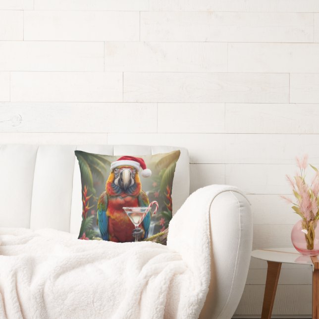 Christmas Macaw Parrot With Martini Cocktail Throw Pillow (Couch)
