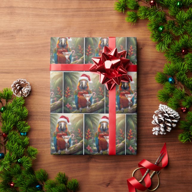 Christmas Macaw Parrot With Martini Cocktail Wrapping Paper (Holiday Gift)