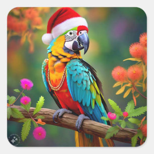 Christmas Macaw Wearing A Santa Hat-56485 Square Sticker