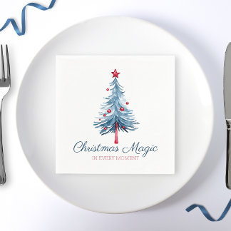 Christmas Magic Blue and Red Watercolor Tree Napkins