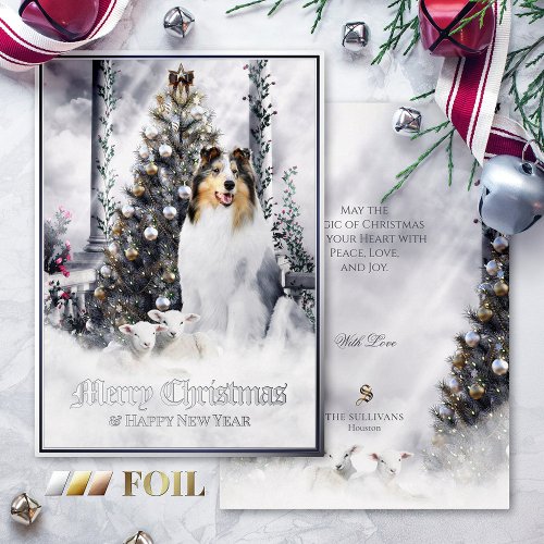 Christmas Magic Blue Merle Rough Collie  Lambs _ Foil Holiday Card