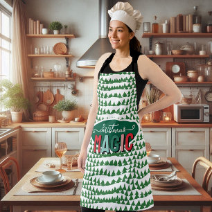 Christmas Magic Calligraphy Green Pine Trees Funky Apron