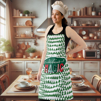 Christmas Magic Calligraphy Green Pine Trees Funky Apron