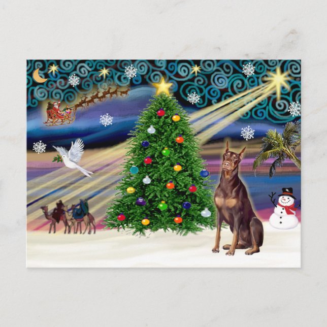 Christmas Magic Doberman Pinscher (red) Holiday Postcard (Front)