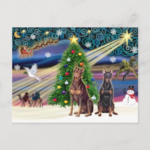 Christmas Magic Doberman Pinschers two Holiday Postcard