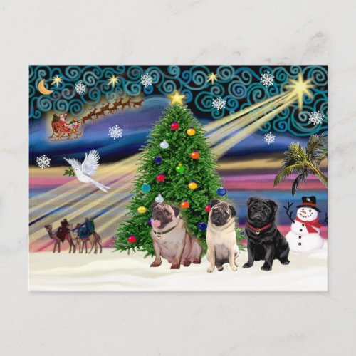 Christmas Magic Pugs three 2 fawn 1 black Holiday Postcard